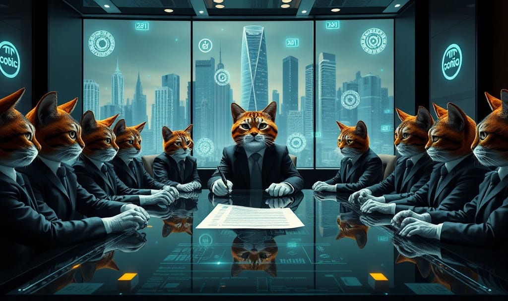 Image: A surreal corporate boardroom filled with humanoid cats dressed in sleek business suits.