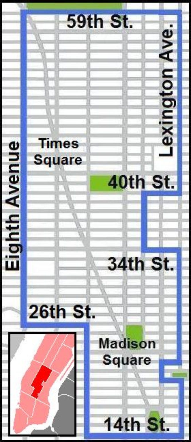 Map of Manhattan Community Board 5, extending from 14th to 59th Street. Map of Manhattan Community Board 5, extending from 14th to 59th Street.