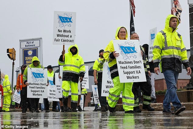 International Longshoremen's Association (ILA) members and their supporters picket at the Dundalk Marine Terminal at the Port of Baltimore on Tuesday International Longshoremen's Association (ILA) members and their supporters picket at the Dundalk Marine Terminal at the Port of Baltimore on Tuesday