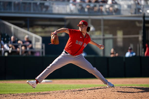 Jake Bennett of the Boston Red Sox pitches during the game between the Boston Red Sox and the Minnesota Twins at Lee Health Sports Complex on...
