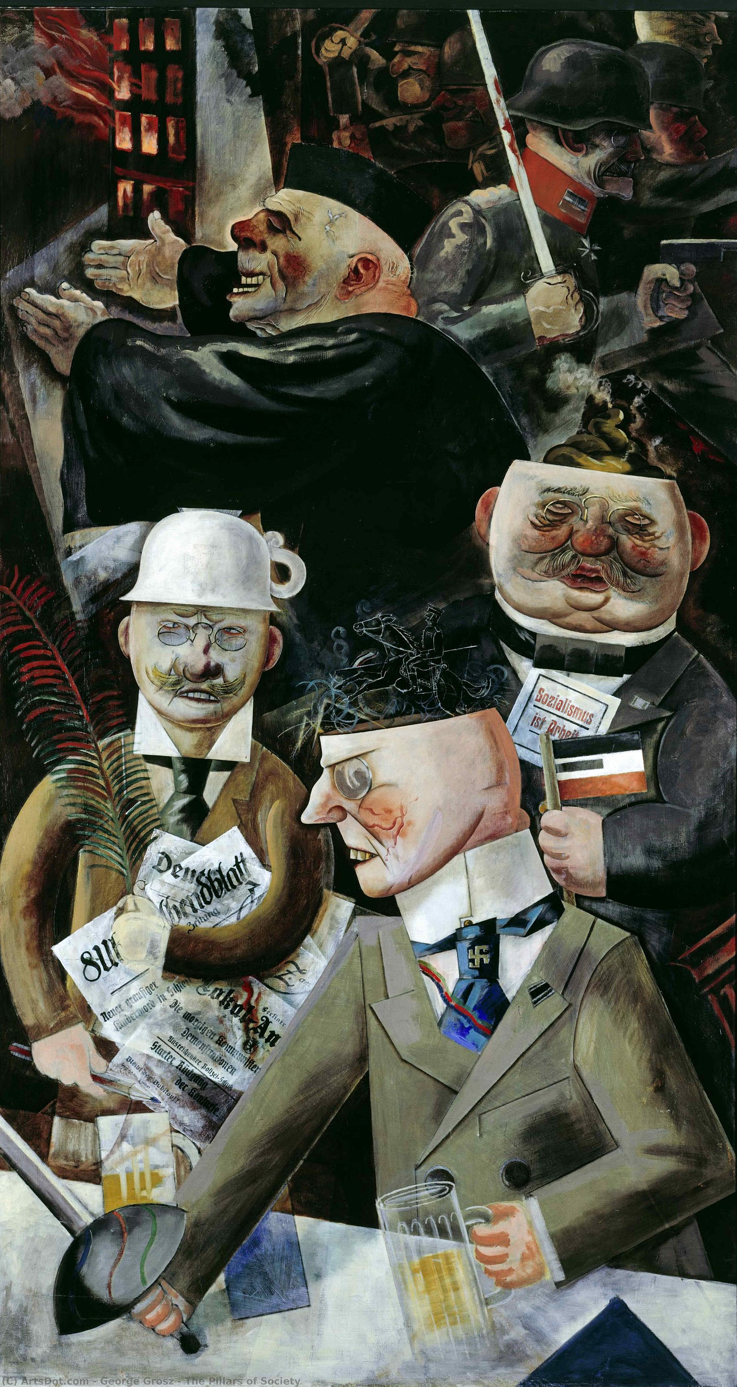 Oil painting depicting a crowded, chaotic room filled with grotesque caricatures of German elite figures. A red-faced general with a monocle and sword, a journalist with a hollow head, a hypocritical clergyman, and smug businessmen are packed together, their faces distorted with greed, ignorance, and violence. The style is harsh and angular, using vivid colors to create a nightmarish portrait of corrupt societal pillars.