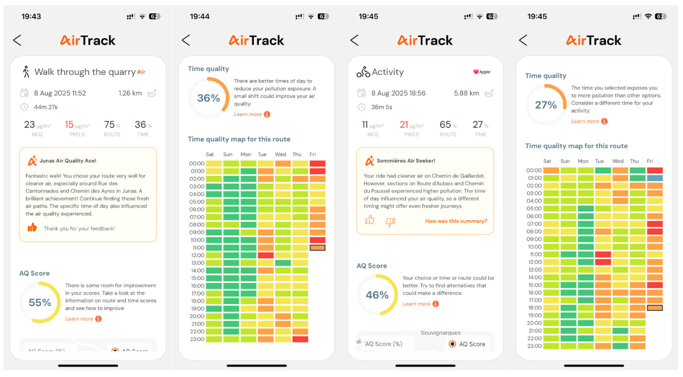 Four screenshots of activities showing high levels of particulate matter
