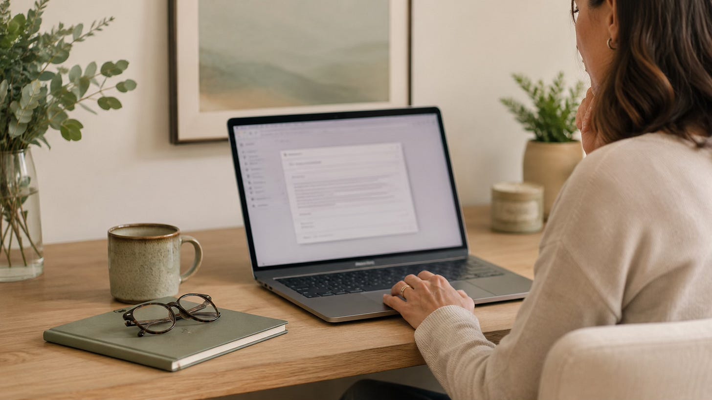 A woman pausing before sending an email, representing second-guessing and inner critic pressure.