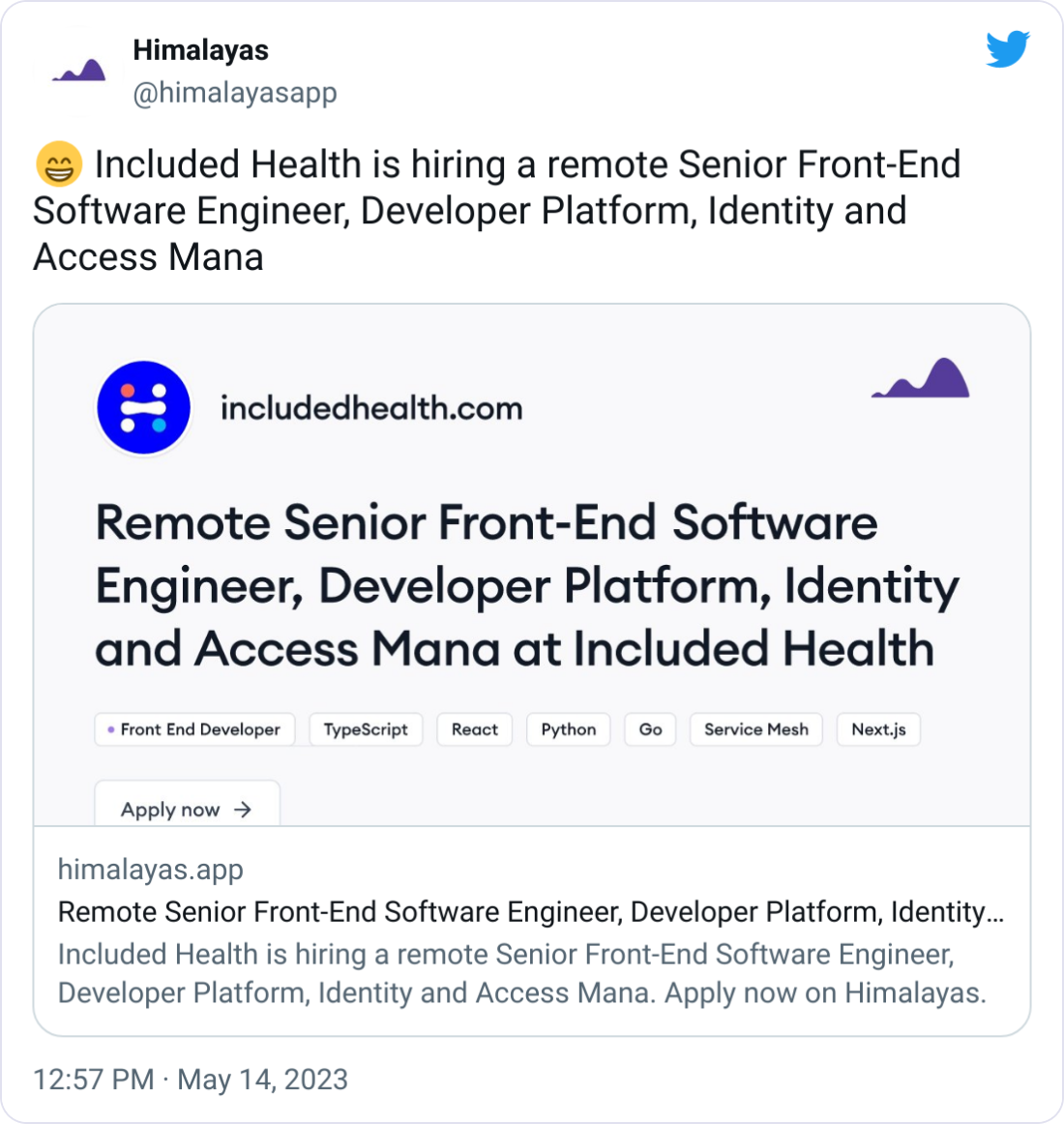 Himalayas @himalayasapp 😁 Included Health is hiring a remote Senior Front-End Software Engineer, Developer Platform, Identity and Access Mana Himalayas @himalayasapp 😁 Included Health is hiring a remote Senior Front-End Software Engineer, Developer Platform, Identity and Access Mana