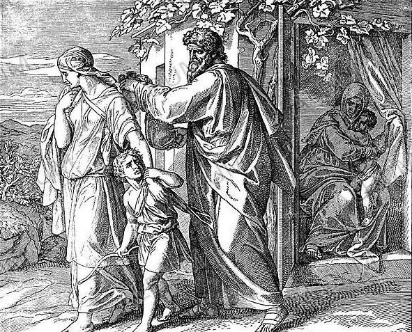 Woodcut, Agar and Ismael in the desert, Genesis 21, 14, creation of the  world, Old Testament, Catholic Picture-Bible - Album alb5377151