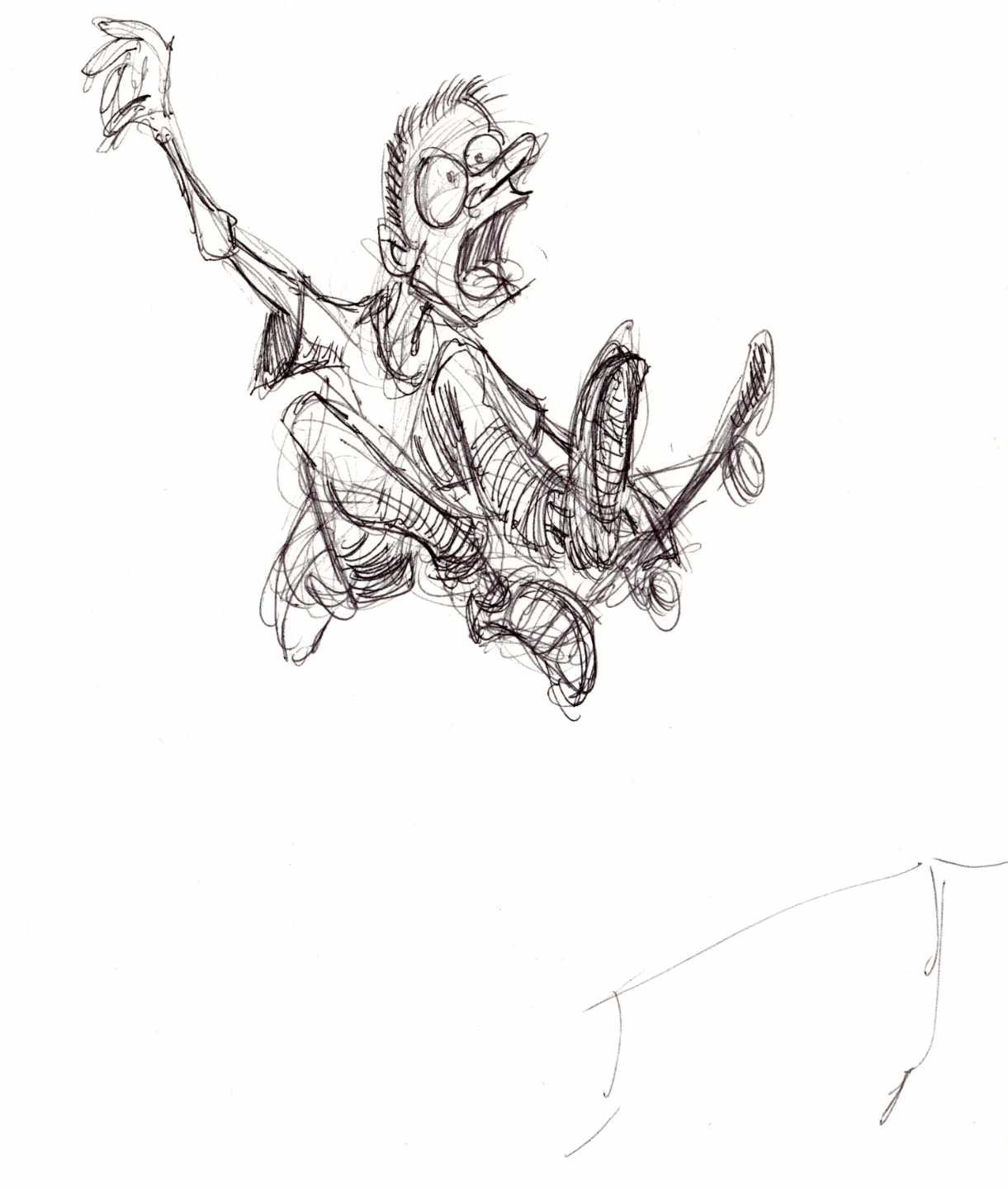 Ink sketch of a cartoon guy doing a board grab skateboard trick above a half pipe.