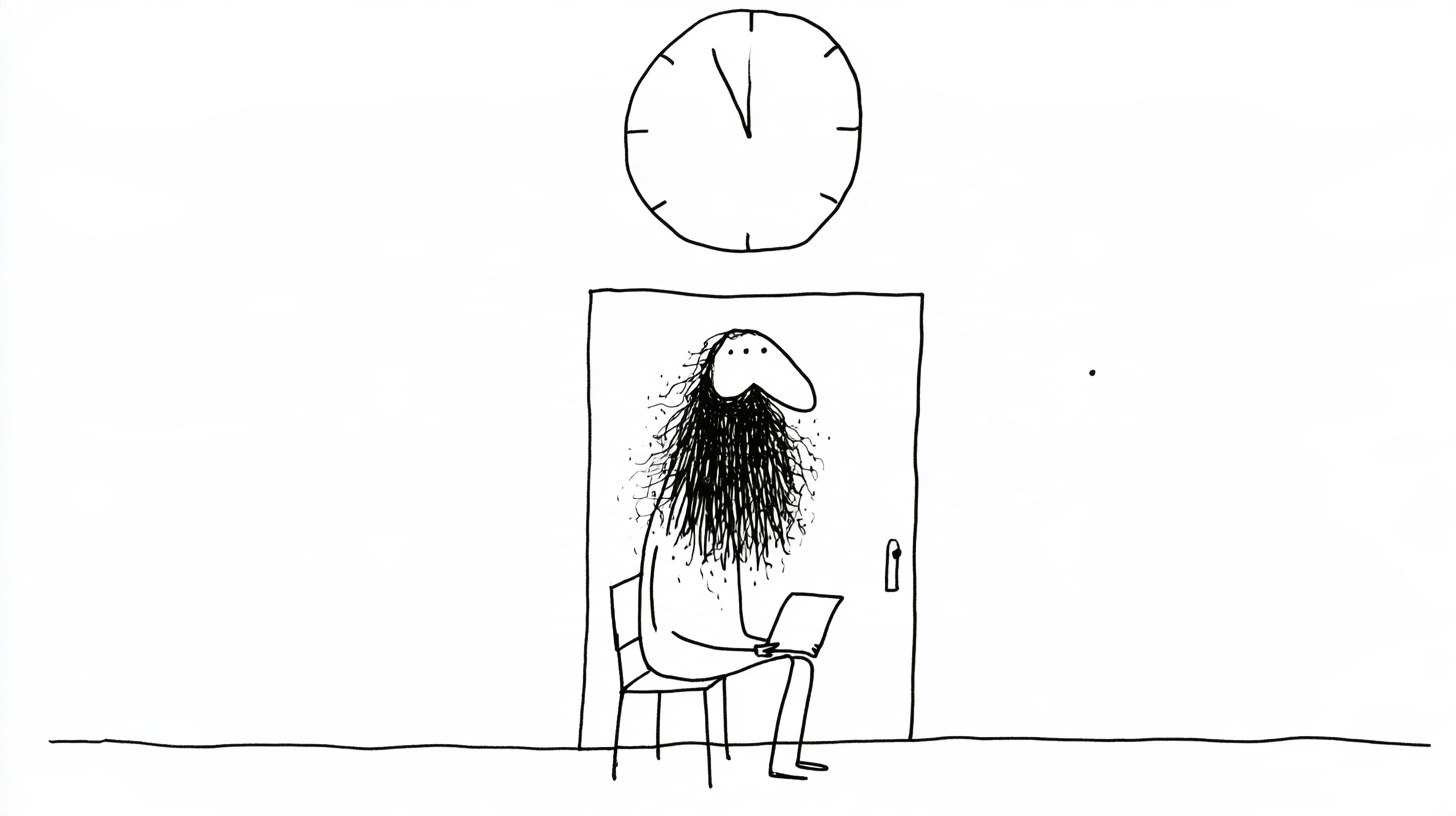 A person with an enormous overgrown beard sits on a chair outside a closed door, a laptop on their knees, under a large wall clock. A person with an enormous overgrown beard sits on a chair outside a closed door, a laptop on their knees, under a large wall clock.
