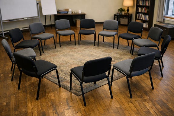 Circle of empty chairs in a meeting room with one chair pulled out of alignment.