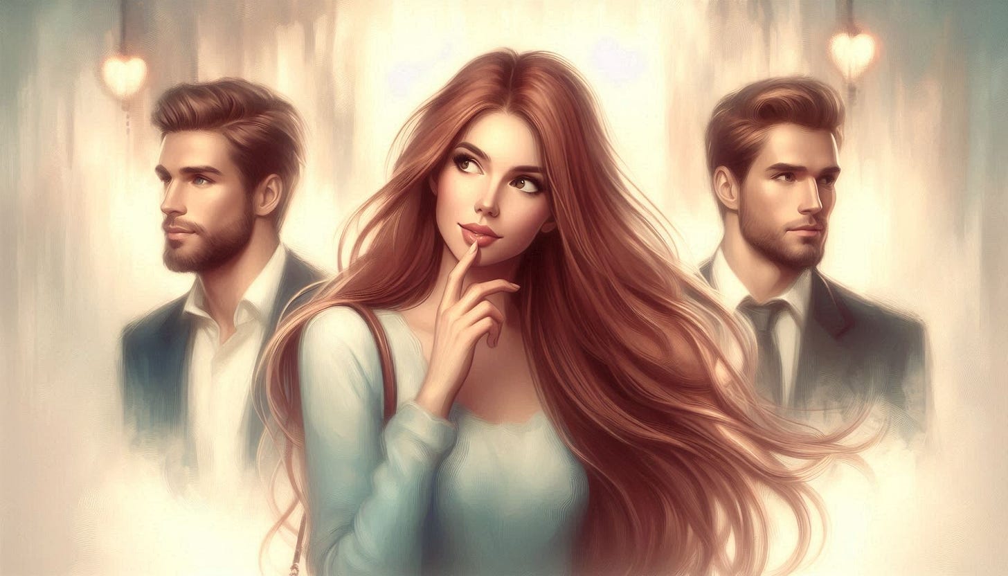 A very pretty woman with long red hair chooses between three men of varying degrees of attractiveness. Slight impressionist style.