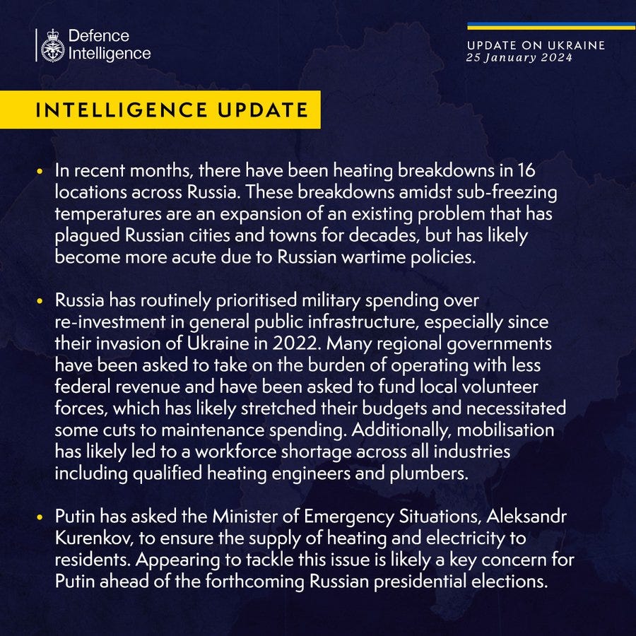In recent months, there have been heating breakdowns in 16 locations across Russia. These breakdowns amidst sub-freezing temperatures are an expansion of an existing problem that has plagued Russian cities and towns for decades, but has likely become more acute due to Russian wartime policies.

Russia has routinely prioritised military spending over re-investment in general public infrastructure, especially since their invasion of Ukraine in 2022. Many regional governments have been asked to take on the burden of operating with less federal revenue and have been asked to fund local volunteer forces, which has likely stretched their budgets and necessitated some cuts to maintenance spending. Additionally, mobilisation has likely led to a workforce shortage across all industries including qualified heating engineers and plumbers.