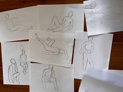 male nude model in life drawing hen party poses