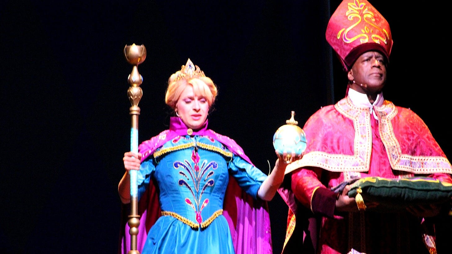 Elsa's coronation scene in Frozen: Live at the Hyperion at Disney California Adventure. Image: Theme Park Tourist via Wikimedia Commons