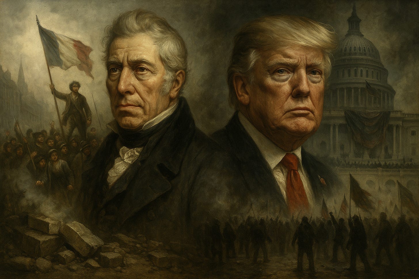 A digitally painted historical montage showing King Charles X of France on the left and Donald Trump on the right, both set against backdrops of civil unrest. Charles X stands amid the July 1830 Paris barricades with a faded Bourbon flag and smoke rising behind him. On the opposite side, Trump appears in front of a distorted U.S. flag and the Capitol, with scenes of the January 6th riot in the background. The image uses muted tones and visual symmetry to emphasize parallels between historical and modern political upheaval.