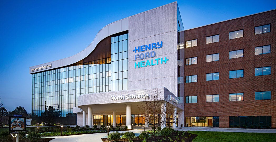 Exterior view of Henry Ford Macomb Hospital in Detroit, the health system that conducted a 2020 vaccinated-vs-unvaccinated study of more than 18,000 children.