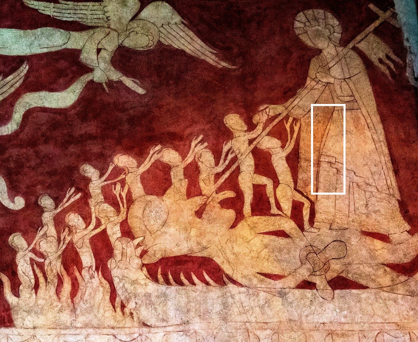 The Harrowing of Hell in the Chaldon painting. Jesus stands over the bound devil, reaching a hand to the sinners. Annotation (a box over Jesus’ leg) is my own. The Harrowing of Hell in the Chaldon painting. Jesus stands over the bound devil, reaching a hand to the sinners. Annotation (a box over Jesus’ leg) is my own.