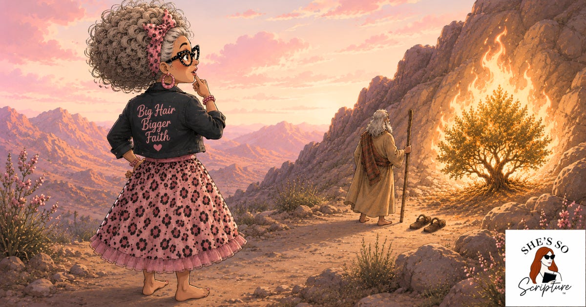 Whimsical illustration of Miss Patty, a barefoot Sunday school teacher with towering silver hair, standing on a rocky mountainside and watching Moses encounter the burning bush. Moses stands barefoot before the glowing bush with his sandals on the ground, while Miss Patty looks on from a distance in a pink leopard-print skirt and a jacket reading “Big Hair Bigger Faith.”