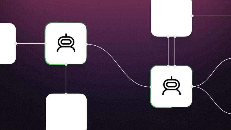 n8n AI agent nodes connected on a dark purple background illustrating agent-to-agent communication
