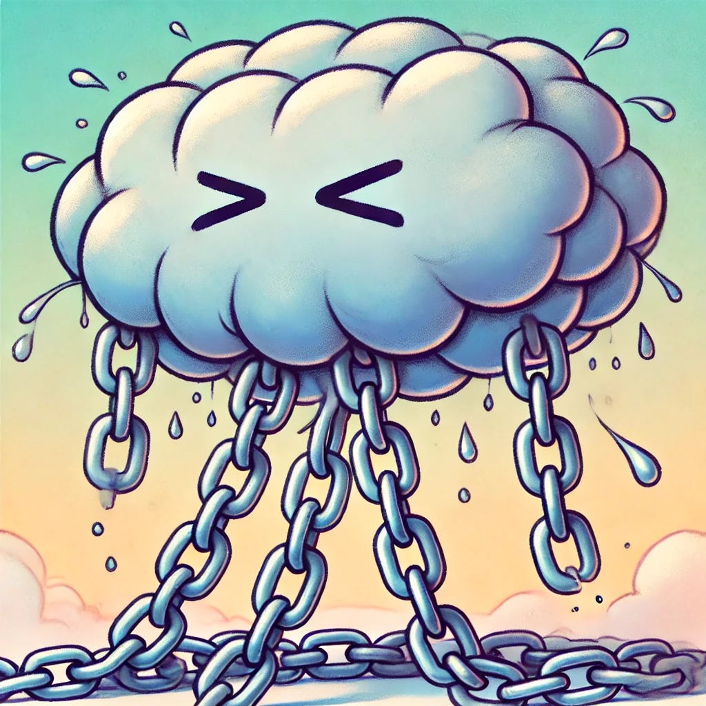 A whimsical cartoon illustration of a 'heavy whisper,' depicted as a flowing, oversized speech bubble with no text inside, hanging like dead weight from multiple thick, drooping chains. The chains are strained and spread out to emphasize the heaviness of the bubble. The background is dreamy with pastel hues, creating a soft, surreal, and humorous vibe. The style is playful and imaginative, without any characters or additional elements, focusing solely on the metaphor of weight.
