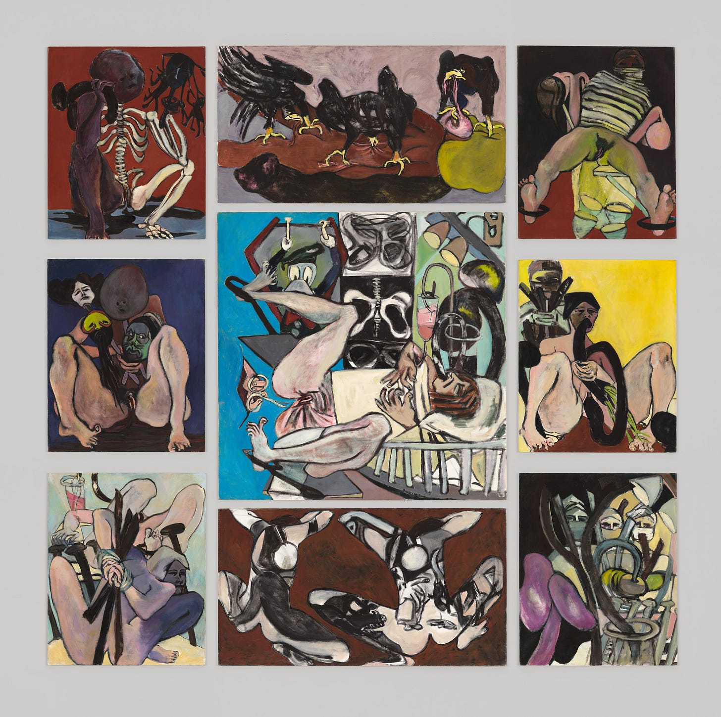 A grid of twelve abstract and distorted paintings, each with unique, dark, and surreal imagery.