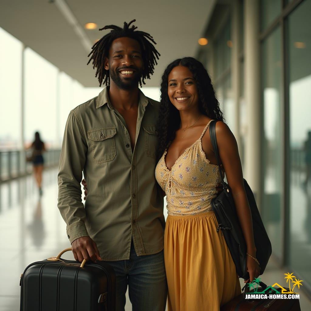 Couple arriving in Jamaica, capturing the joy and emotion of coming home.