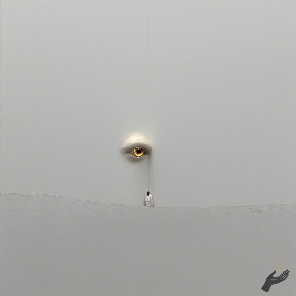 Surreal minimalist artwork of a small figure in white standing beneath a single golden eye emerging from a seam in a tall pale gray wall. Surreal minimalist artwork of a small figure in white standing beneath a single golden eye emerging from a seam in a tall pale gray wall.