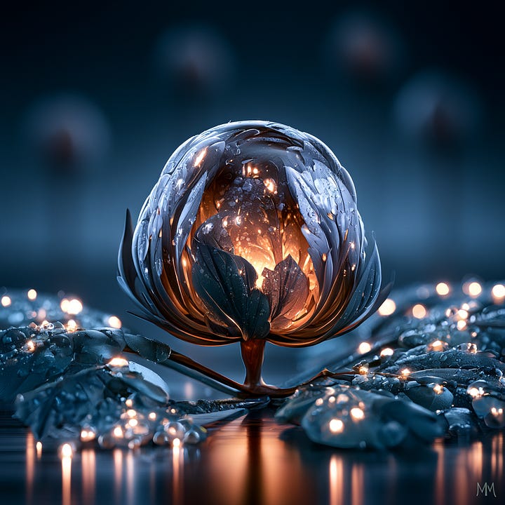 A warm cinematic still life of a single flower bud, still closed, glowing faintly as if lit from within, resting low in a quiet dark garden. Moonlight pools softly around it, catching drops of dew on nearby leaves like scattered points of light. The mood is stillness holding potential, patience before an opening.