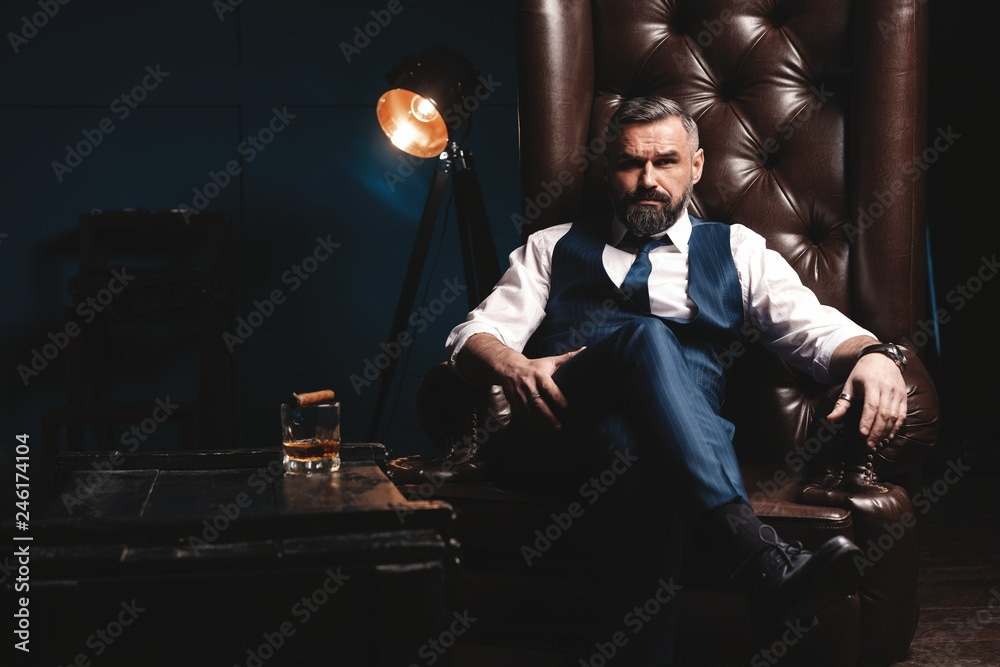 Poster, Print Attractive man with cigar and a glass whiskey, 40x26.7 cm Poster, Print Attractive man with cigar and a glass whiskey, 40x26.7 cm