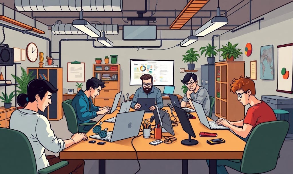 a startup garage office with multiple people working on laptops