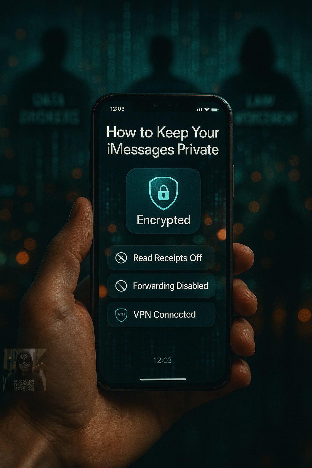 A hand holds a smartphone displaying privacy options under the heading “How to Keep Your iMessages Private.” The screen shows encryption status, “Read Receipts Off,” “Forwarding Disabled,” and “VPN Connected.” The background is dark and features blurry silhouettes labeled “Data Broker” and “Law Enforcement,” emphasizing concerns about message privacy and secure communications.
