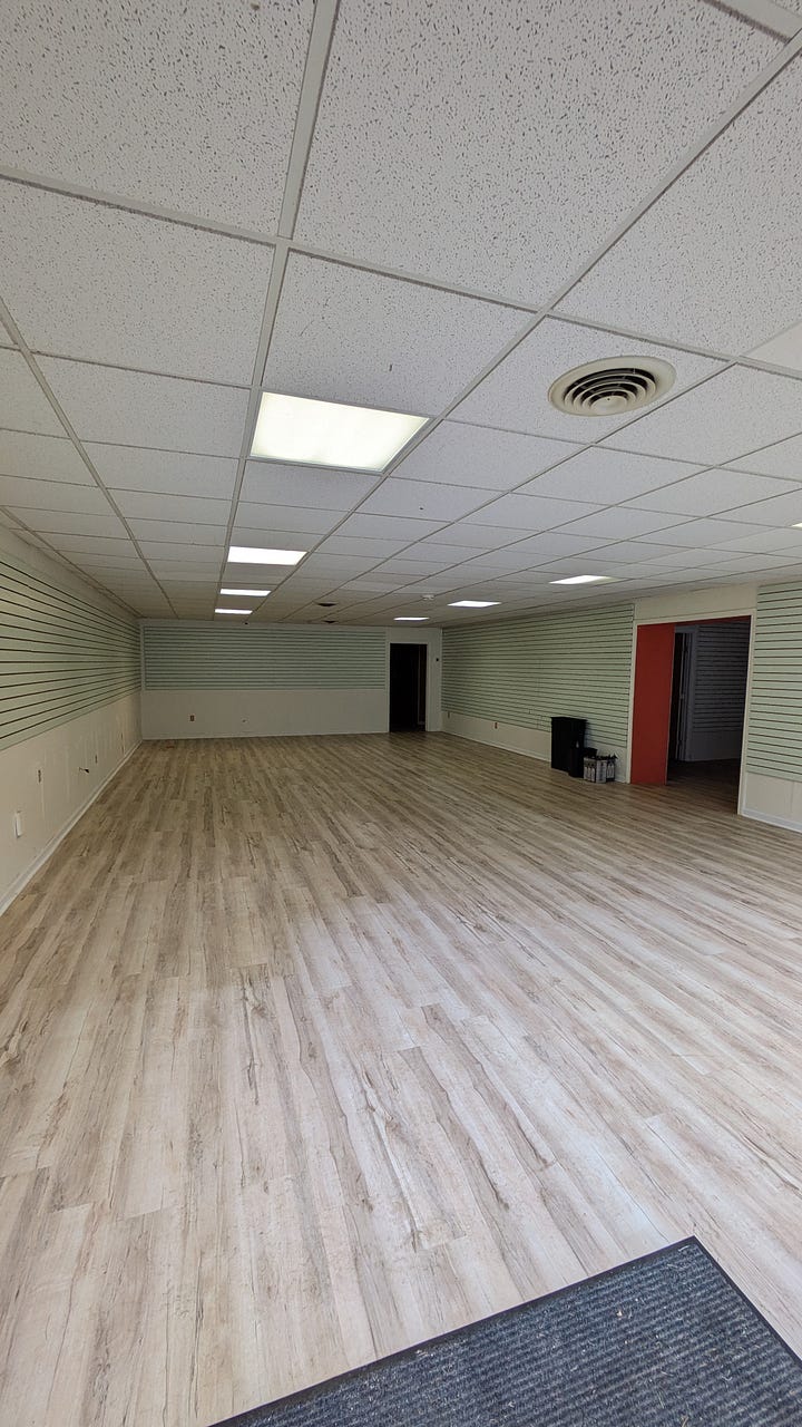 Clockwise: The original sporting goods store, the studio totally cleared out March 2025, Patchwork in top form in its old location and a look inside the window at night