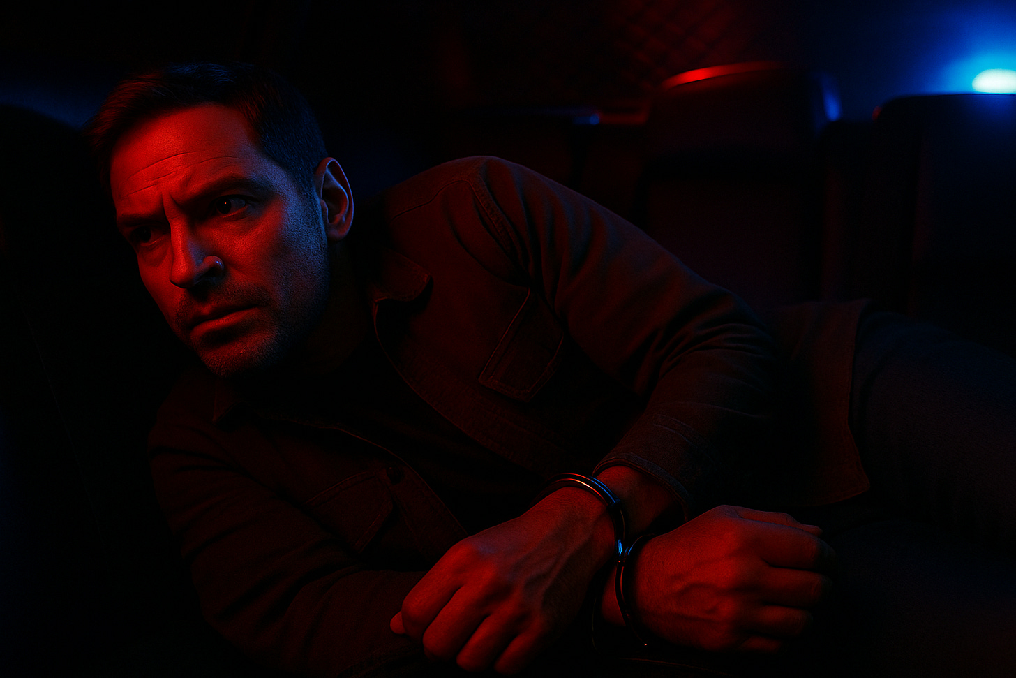 Smith lies low across the back seat with his wrists cuffed in front of him Smith lies low across the back seat with his wrists cuffed in front of him