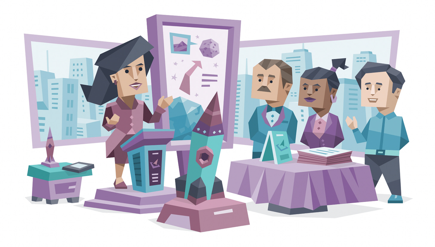 An ENTJ (Commander) woman giving a presentation about rockets to three colleagues. She points to a display board showing rocket trajectories while a table with leaflets and information sits nearby along with rocket models on pedestals.