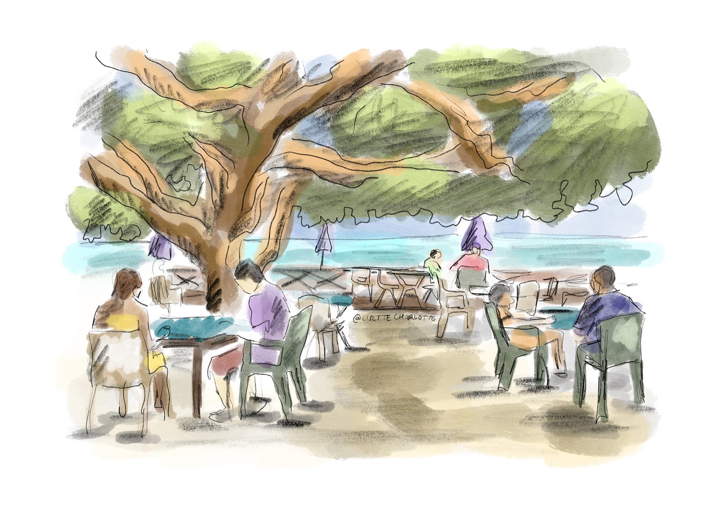 A watercolour and pencil sketch of Snack Mahana in Moorea