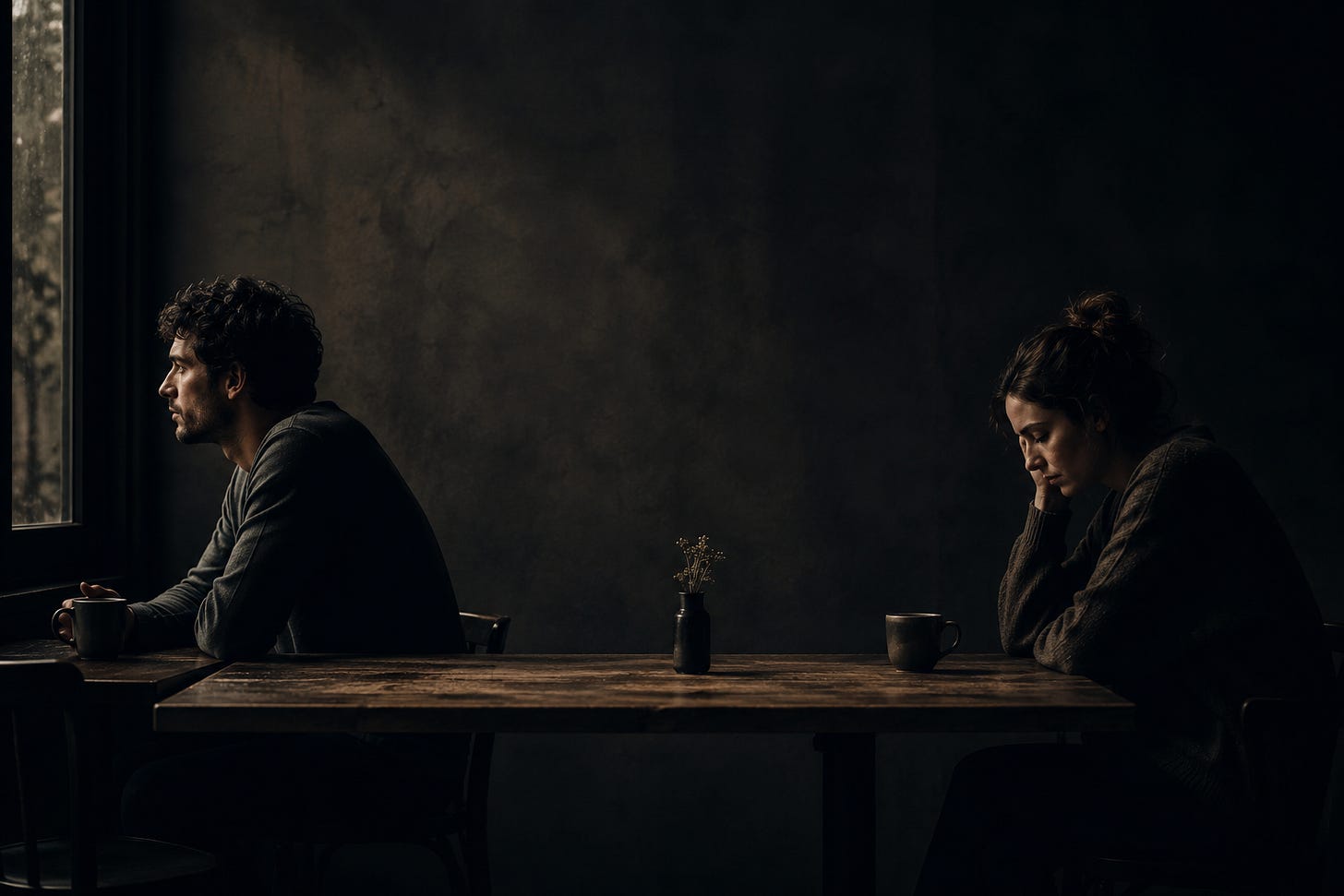 The distance between us: A man and woman sit silently across from one another in a dark café, avoiding eye contact as a wide gap between them symbolizes misunderstanding, emotional distance, and the challenge of human connection. The distance between us: A man and woman sit silently across from one another in a dark café, avoiding eye contact as a wide gap between them symbolizes misunderstanding, emotional distance, and the challenge of human connection.
