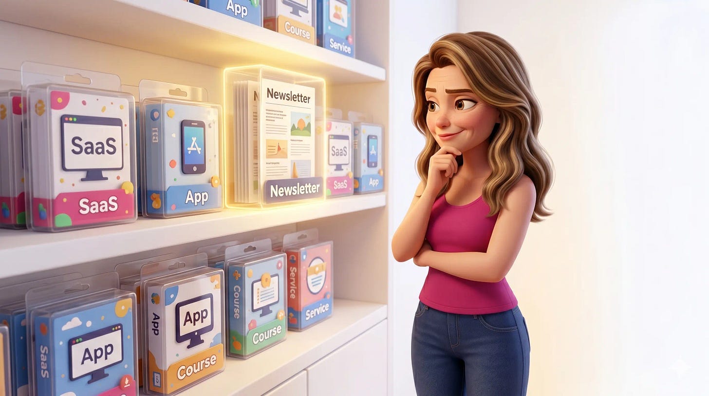 Woman having an aha moment looking at a glowing newsletter package on a shelf beside SaaS, App, and Course boxes Woman having an aha moment looking at a glowing newsletter package on a shelf beside SaaS, App, and Course boxes