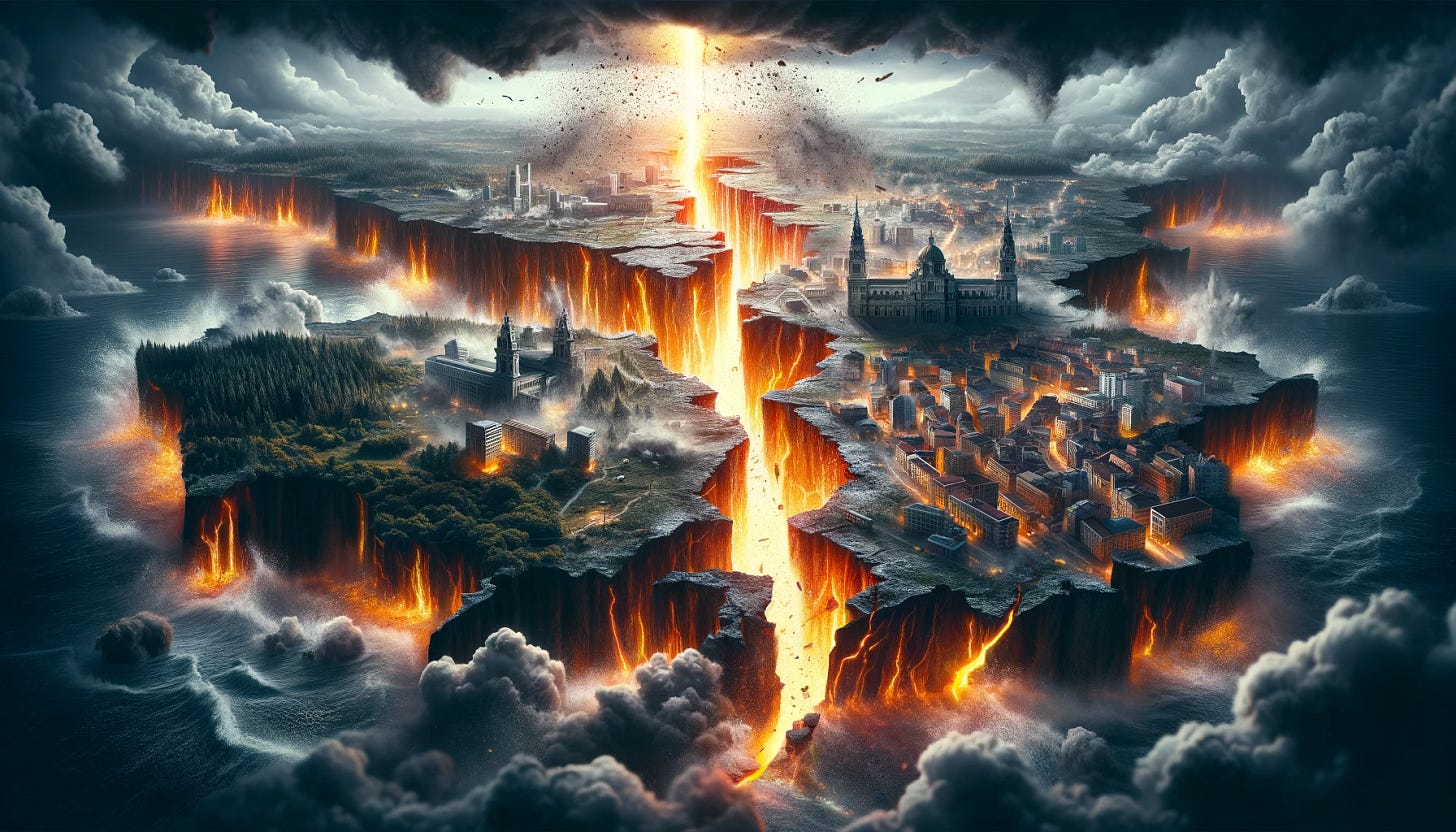 Create a highly detailed and intense image of a map of Galicia being split down the middle by a dramatic earthquake. The scene should capture the moment of rupture, with the earth tearing apart, creating a deep chasm that divides the map into two distinct halves. This chasm should be filled with glowing magma, symbolizing the intensity and power of the political upheaval. The rest of the map is depicted in a state of chaos, with buildings, trees, and landmarks tilting or falling into the abyss. The sky above is stormy and filled with dark clouds, further emphasizing the dramatic and intense atmosphere of the scene. This metaphorical representation captures the division and intense emotions associated with a major political or social event in Galicia.