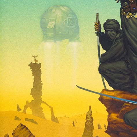 LEFT: Detail from KUTATH featuring a trio of black robed warriors looking out at the desert as a globe-shaped ship takes off. One is standing with arms crossed katana extended behind, another crouching with sword point down, and the third with knee bent sword relaxed at his side while he grips the sheath. CENTER: Figure detail from KUTATH focused on the foremost black robed warrior standing below his two companions who share a perch on rust colored rock. He holds his katana at his side horizontally pointed left while his offhand grips the sheath. His knee is bent, planted on the sloping rock as the tail of his robe billows in the wind. From his belt hangs metal tokens, one sun-shaped with the artist's sigil and others circles bordered with beads. RIGHT: Close detail from KUTATH featuring a robed figure in silhouette standing atop a rocky spire with arms flung wide as a globe-shaped spacecraft with four leg supports that serve as thrusters burns upward.