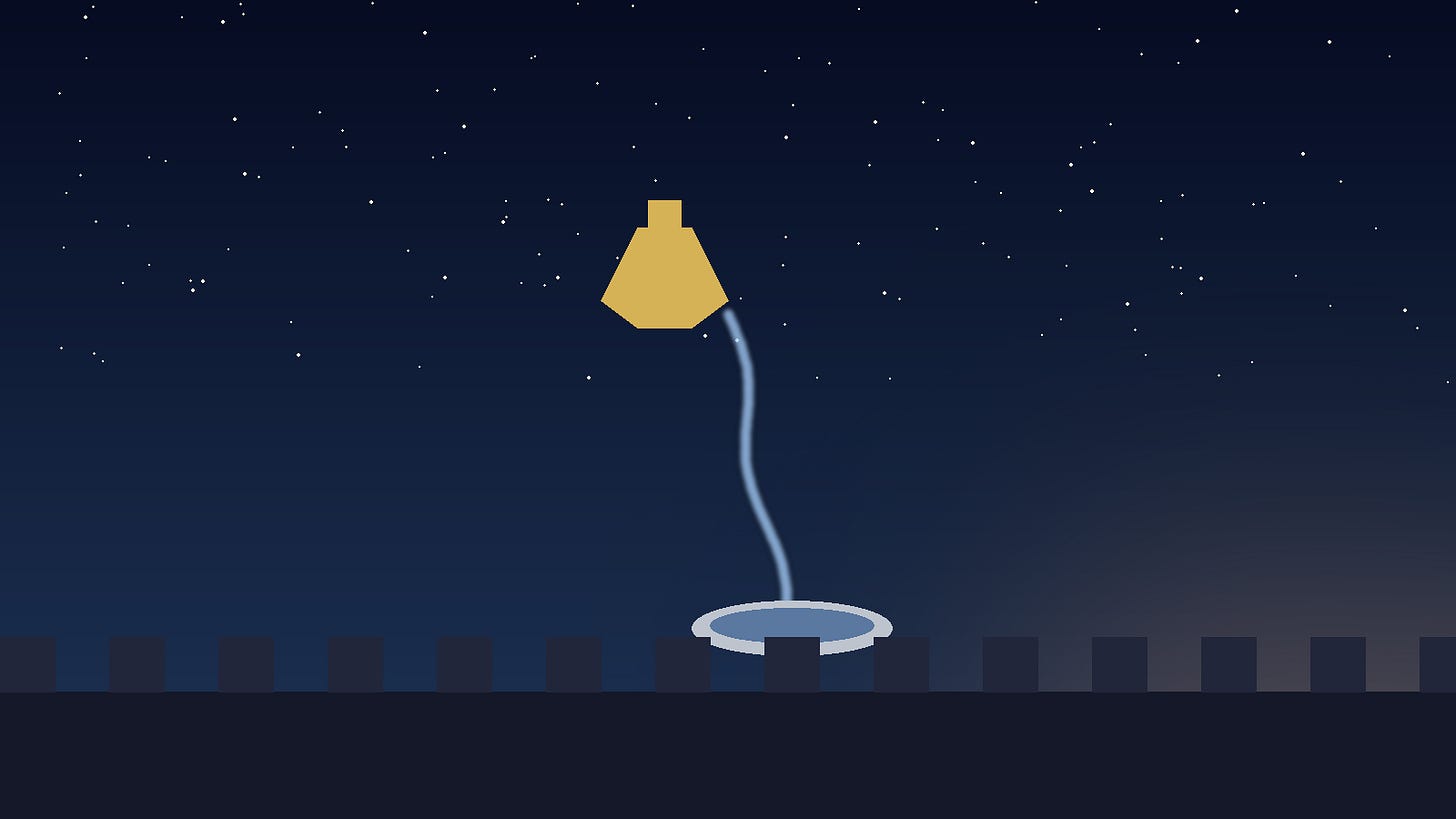 Abstract pre-dawn scene: a golden flask pouring a thin stream of water into a silver basin under a dark starry sky, with faint light on the horizon.