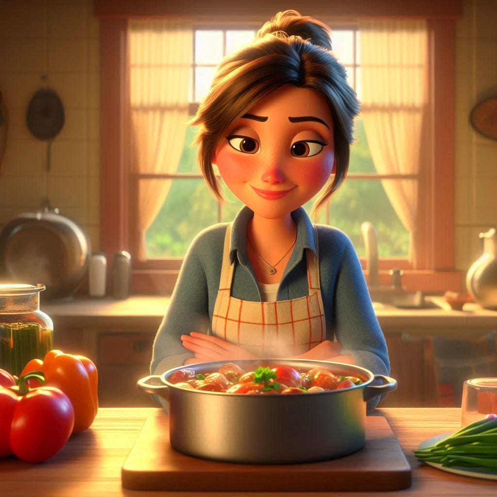 Pixar style picture of a woman with a dish finished cooking