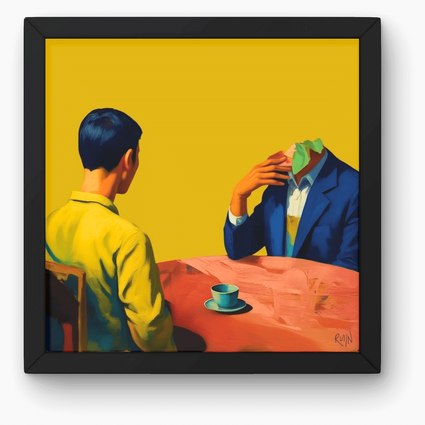 Surreal impasto oil painting titled “Nearing Bloom” depicting two figures at a red circular table against a vibrant yellow background. The figure on the left is seen from behind in a yellow shirt, while the figure on the right wears a blue suit with a cluster of green leaves and pink buds erupting from their collar in place of a head, illustrating the tension of the suspended.
