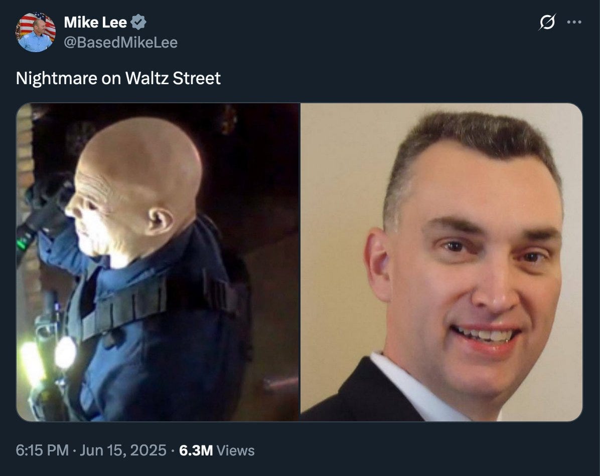 Social media post from Sen Mike Lee that shows pictures of the alleged Minnesota assassin, says "nightmare on Waltz Street"