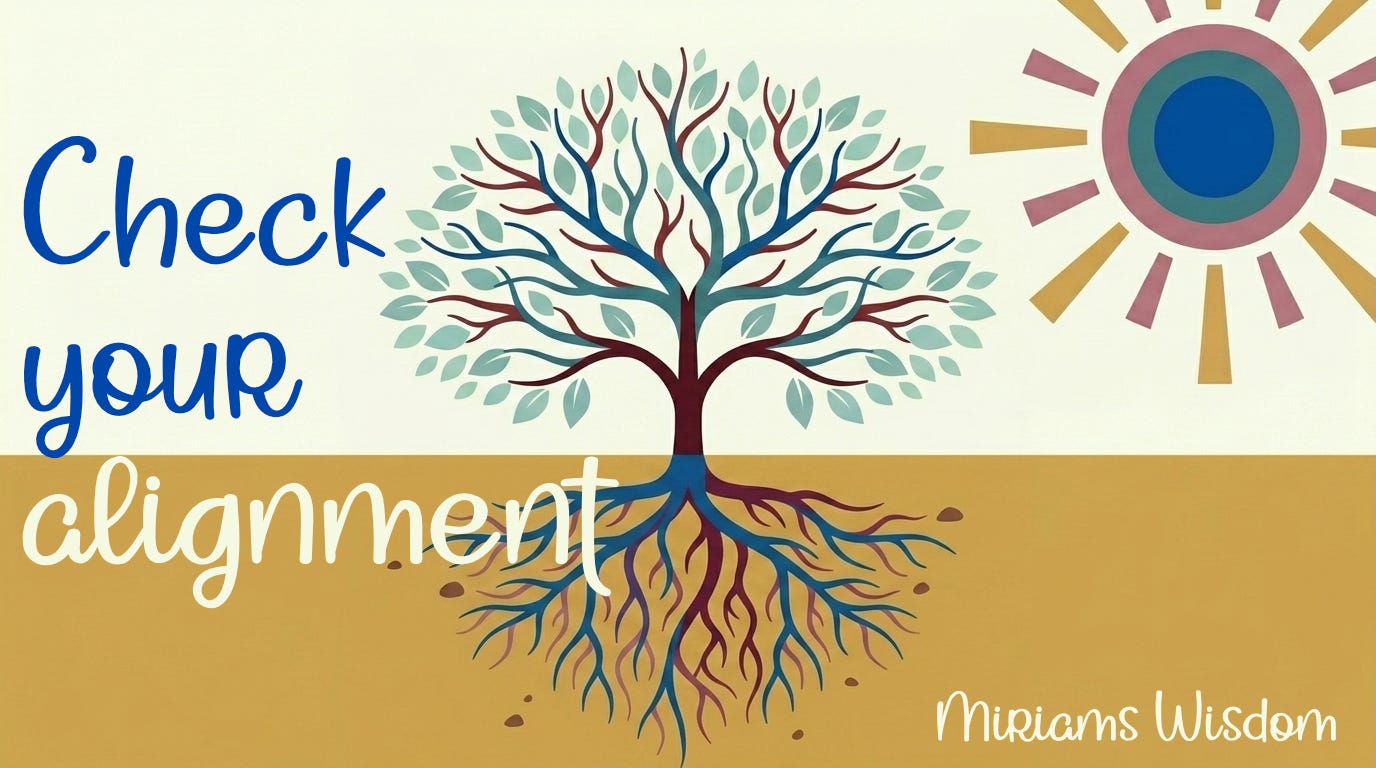 A tree is growing and flourishing under the nourishing sun. We can see the roots underground, and they balance with the branches and leaves above the soul. Text says Check your alignment. A tree is growing and flourishing under the nourishing sun. We can see the roots underground, and they balance with the branches and leaves above the soul. Text says Check your alignment.