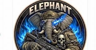 An illustrated logo showing an elephant in military uniform holding a rifle, surrounded by blue lightning bolts and a skull.