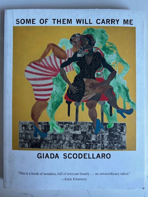 An abstract painting of women on a yellow background  sits on the cover which has a white background with black lettering.