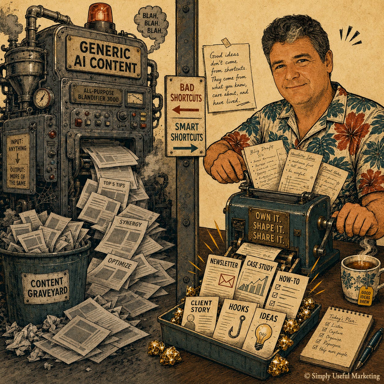 Alt text: Split vintage poster-style illustration contrasting two ways of using AI. On the left, a bulky “Generic AI Content” machine spews bland, repetitive pages into a bin labeled “Content Graveyard,” with papers reading things like “Top 5 Tips,” “Synergy,” and “Optimize.” On the right, a man in an aloha shirt uses a smaller hand-cranked machine to turn his own notes and drafts into useful pieces like a newsletter, case study, how-to, client story, hooks, and ideas. A sign between the two sides points left to “Bad Shortcuts” and right to “Smart Shortcuts,” while a tea mug and notepad sit on the desk. Alt text: Split vintage poster-style illustration contrasting two ways of using AI. On the left, a bulky “Generic AI Content” machine spews bland, repetitive pages into a bin labeled “Content Graveyard,” with papers reading things like “Top 5 Tips,” “Synergy,” and “Optimize.” On the right, a man in an aloha shirt uses a smaller hand-cranked machine to turn his own notes and drafts into useful pieces like a newsletter, case study, how-to, client story, hooks, and ideas. A sign between the two sides points left to “Bad Shortcuts” and right to “Smart Shortcuts,” while a tea mug and notepad sit on the desk.