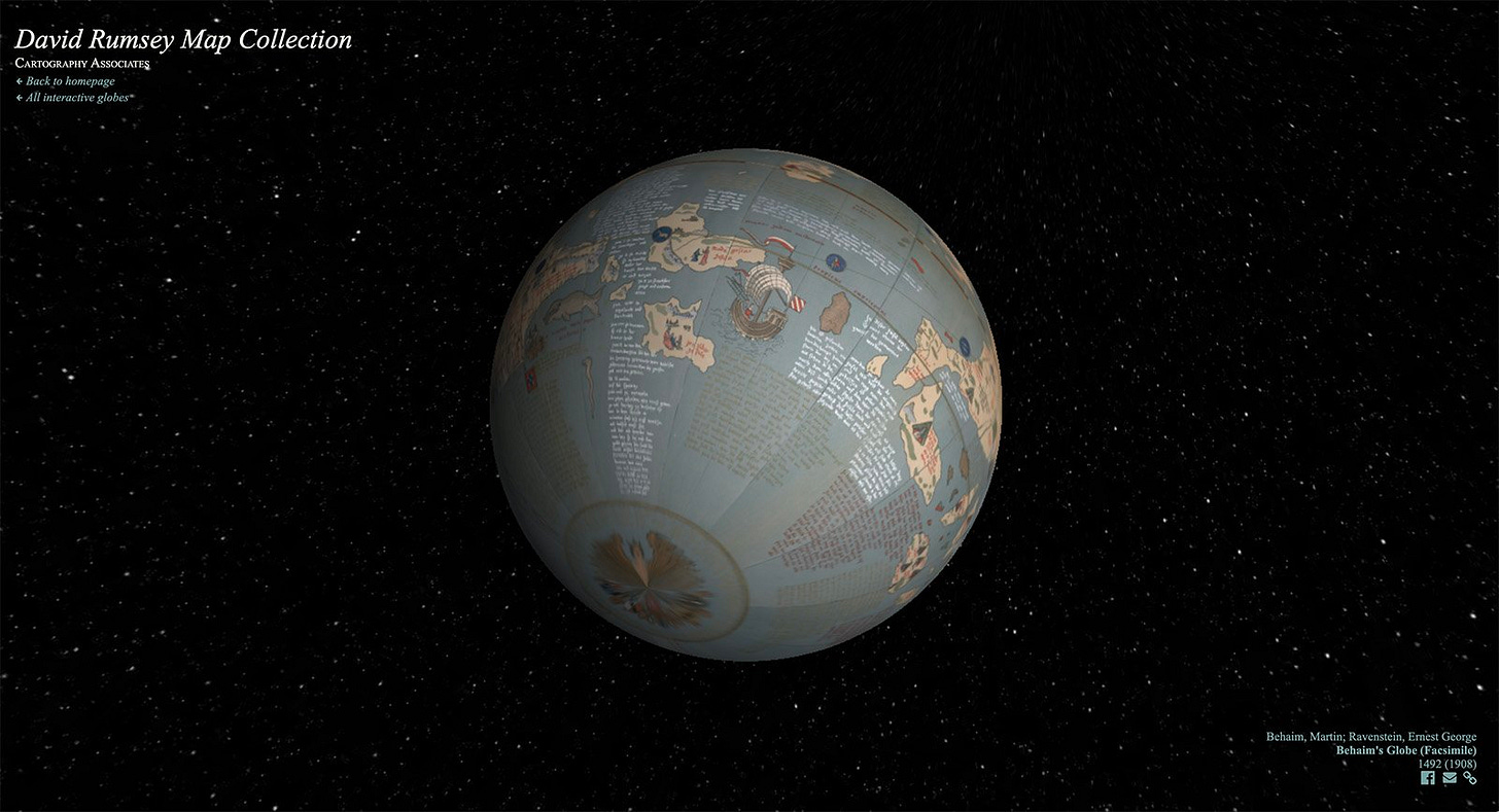 Interactive view of Martin Behaim’s 1492 globe floating against a starry black background.