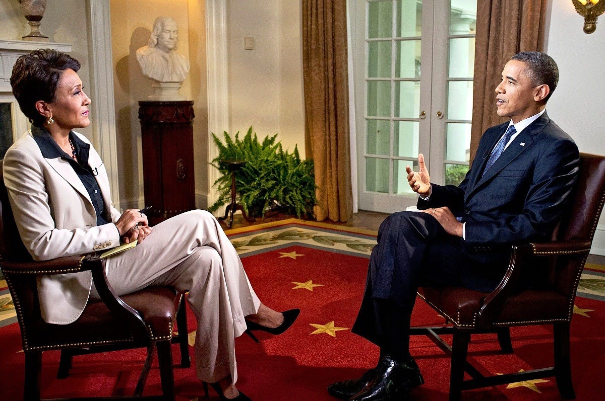 Robin Roberts interviews President Barack Obama for ABC News. Image: The White House via Wikimedia Commons Robin Roberts interviews President Barack Obama for ABC News. Image: The White House via Wikimedia Commons
