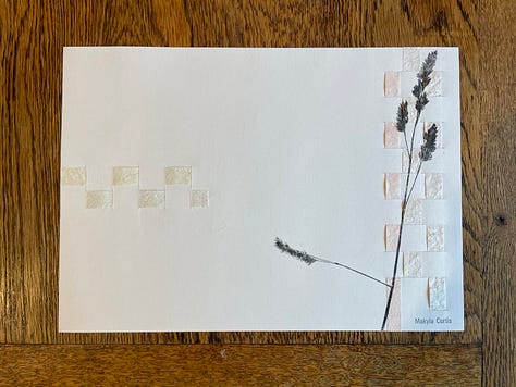 Pale green corn husk paper is woven underneath the Dickinson excerpt. A vertical weaving using onion and tanekaha paper is on the far left. The next two photos should the other side of the image, a reverse of the weavings. Tall grass fronds on the right side reach and print over the vertical weaving.