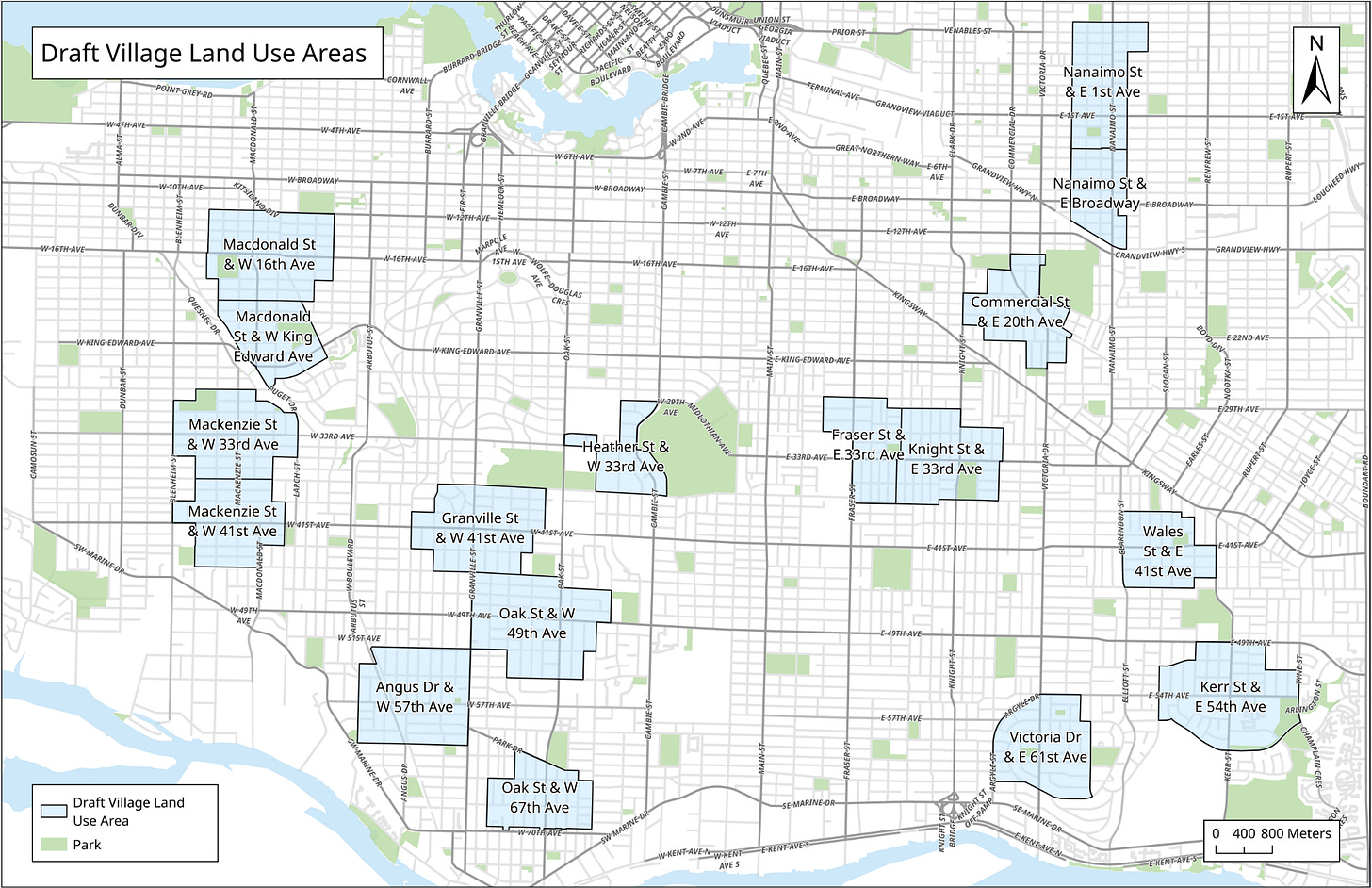 A map of the seventeen different area plans in the Villages Plan