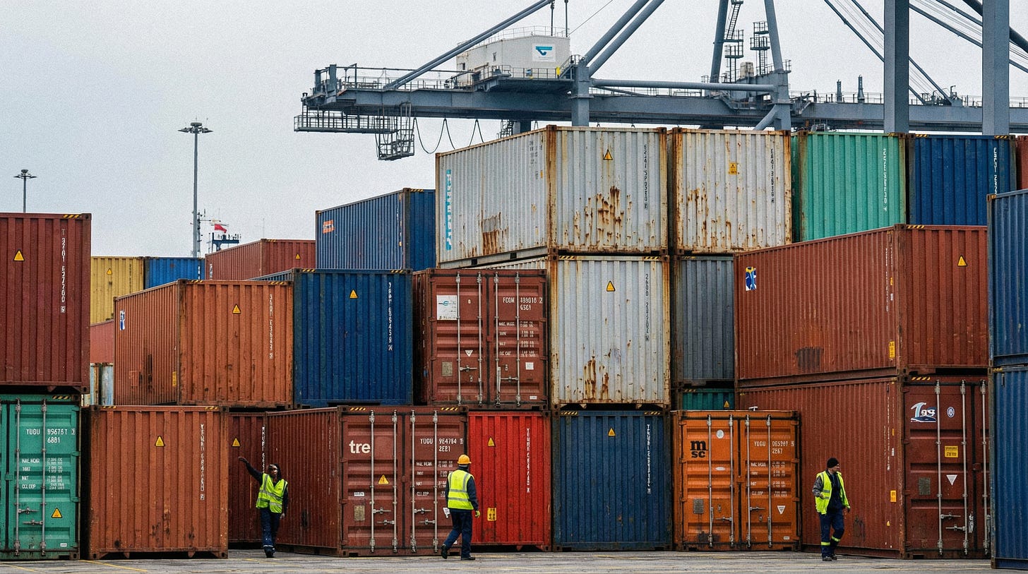 AI-generated illustration of dozens of shipping containers stacked in port, symbolizing American trade.